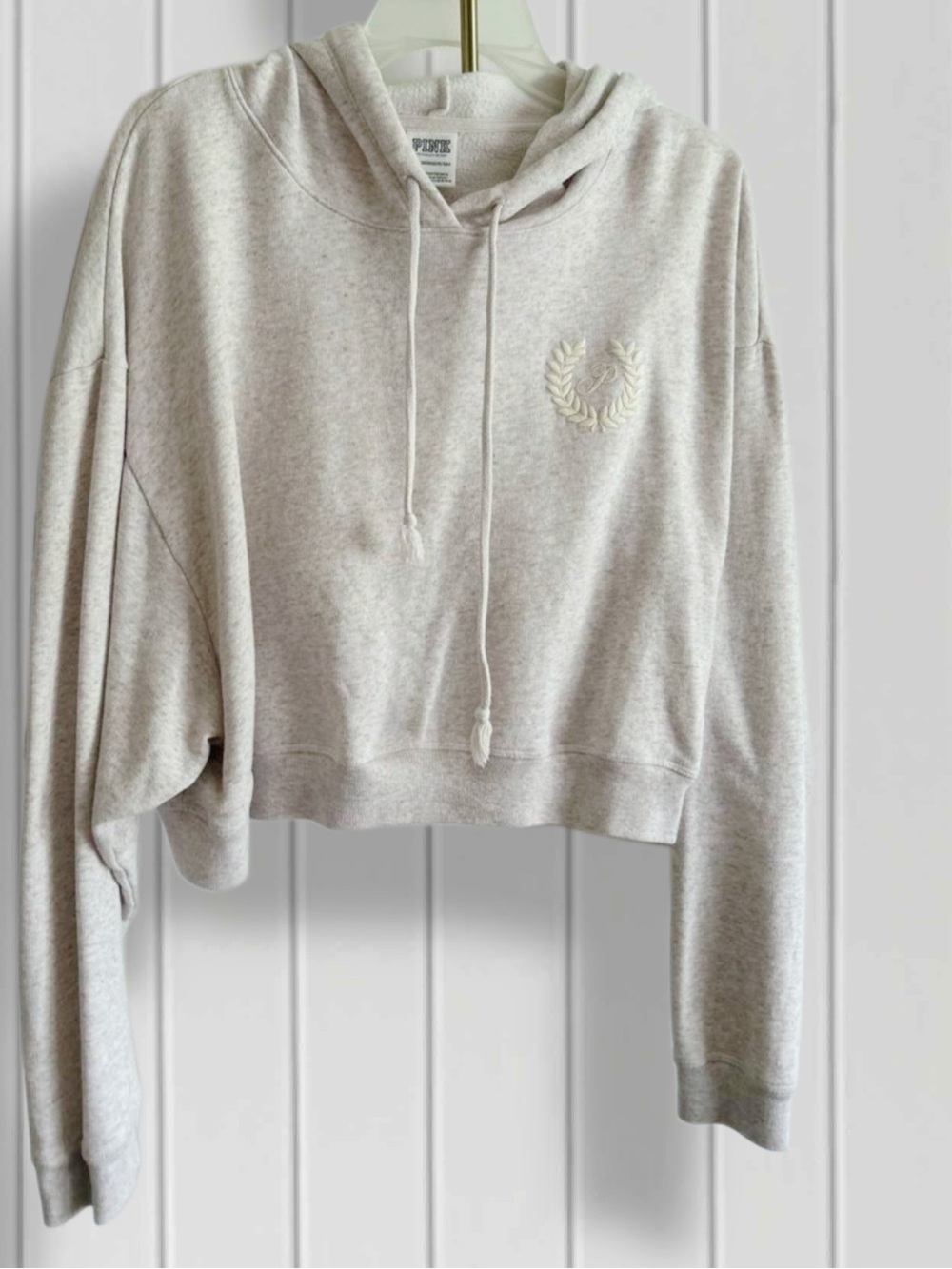 PINK Victoria's Secret Cream Cropped Hoodie with Laurel Patch